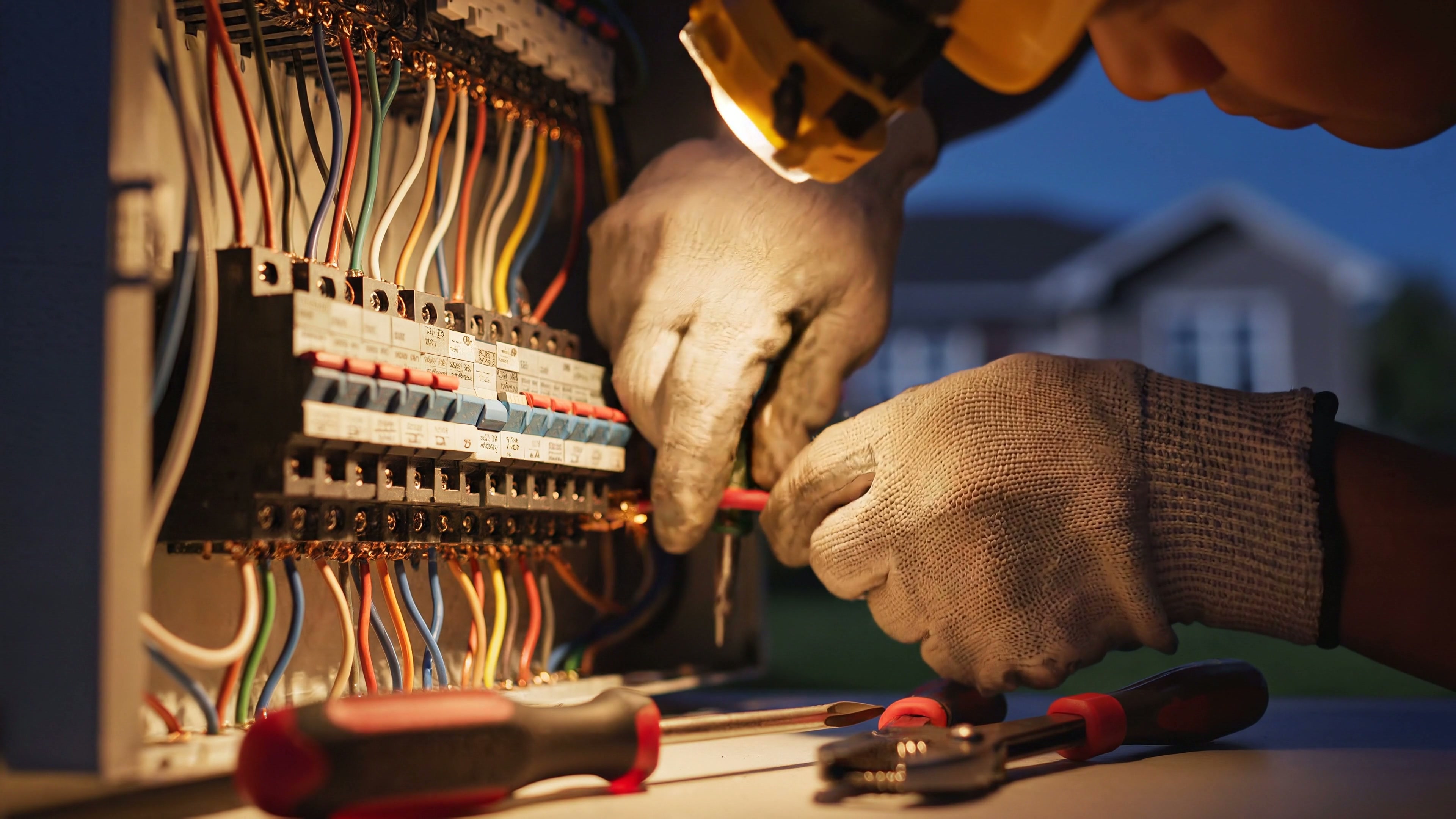 Electrician working on a home switchboard at night